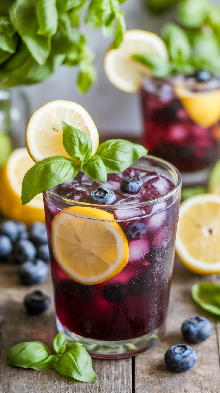 Boozy Blueberry Basil Lemonade in a glass with lemon slices and basil, surrounded by blueberries on a wooden table.